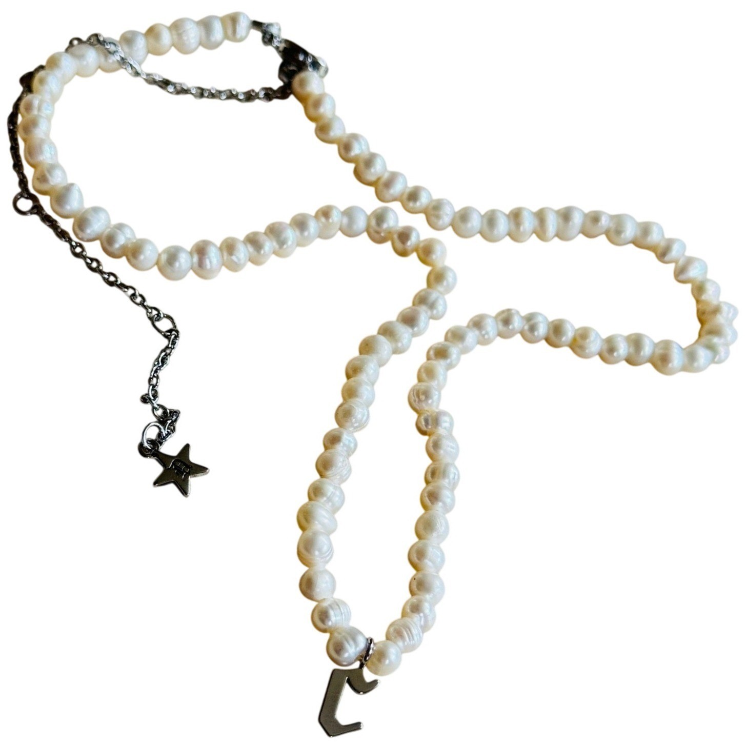 Dalmata Initial goth letter C Pearl Necklace silver plated Freshwater choker 21″