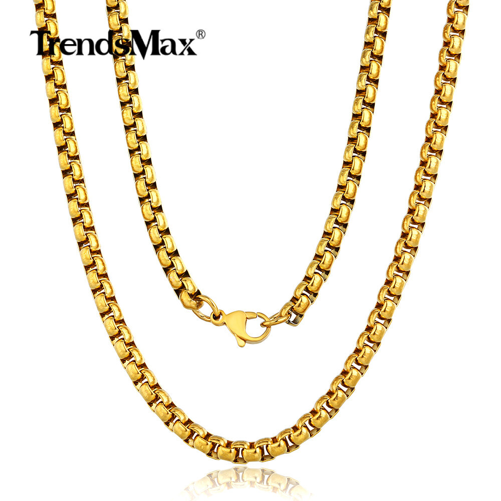 5MM Mens Boys Chain Round Box Link Gold Plated Stainless Steel Necklace 18″-24″