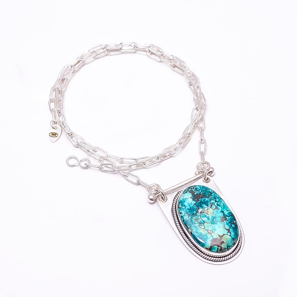 Magnesite Turquoise 925 Sterling Silver Chain Pendant 19-23″ C43, Christmas Gift