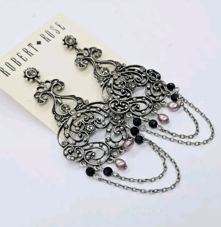 Chandelier Earrings Robert Rose Beaded Crystal Dangle Silver tone Chain 3.5 in