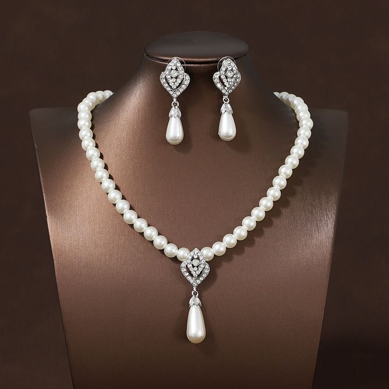 Silver Alloy Jewelry Set Imitation Pearl Drop Necklace Evening Party Accessory