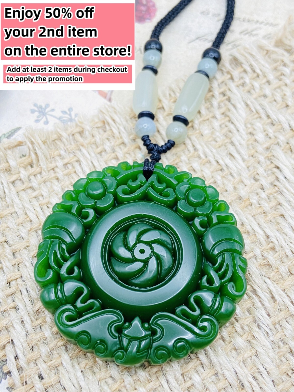 Jade Charm Pendant Necklace W/ Beads Cord Chain Handmade Carved Floral Gemstone