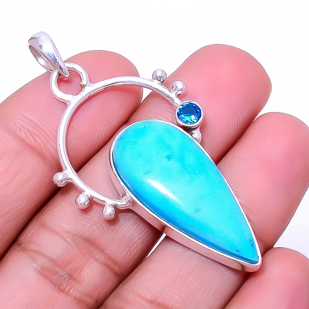 Magnesite Turquoise & London Blue Topaz 925 Sterling Silver Pendant 2.07″ P19