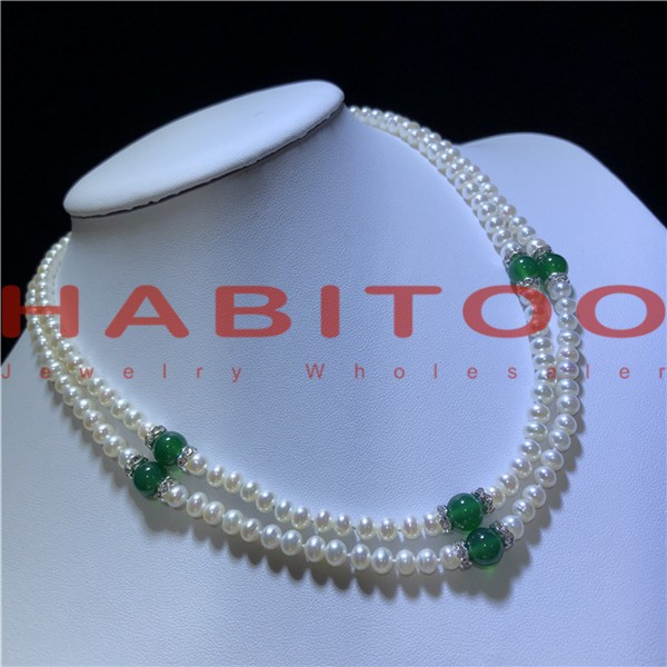 2 strand 7-8MM white freshwater pearl green jade necklace 18″