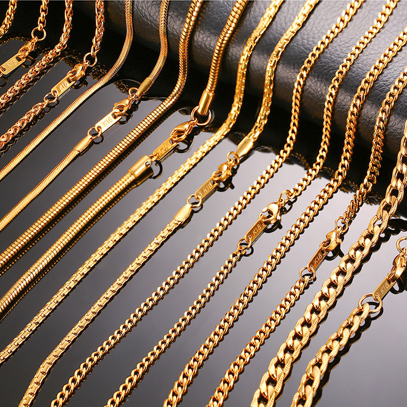 Gold Men Necklace Chain Snake Rolo Cable Curb Link Stainless Steel 24″ w/18K Tag