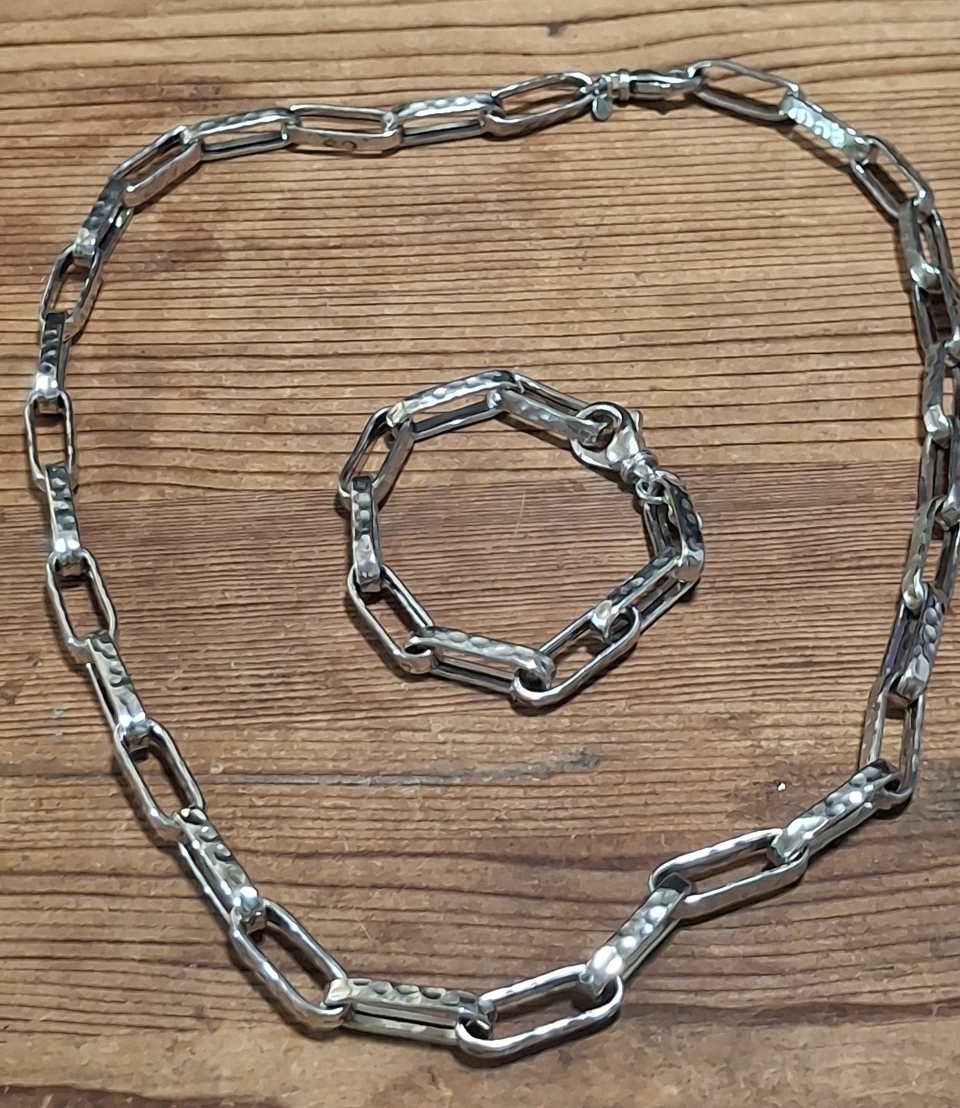 Italian Hammered Paperclip Link Necklace Bracelet Set Silver Tone 24” 8.25”