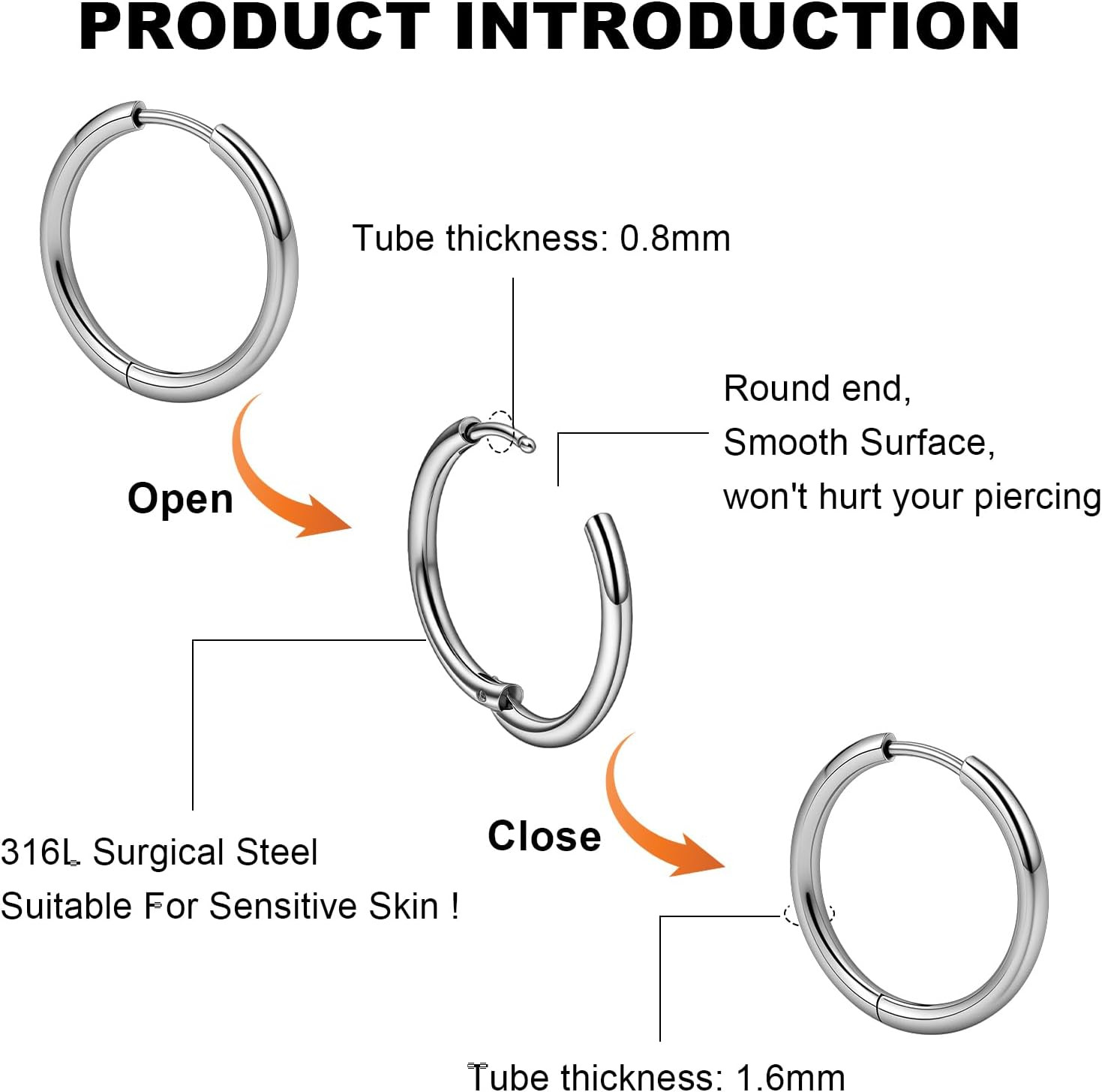 5 Pairs Hoop Earrings for Men Women, 316L Surgical Stainless Steel Small Huggie