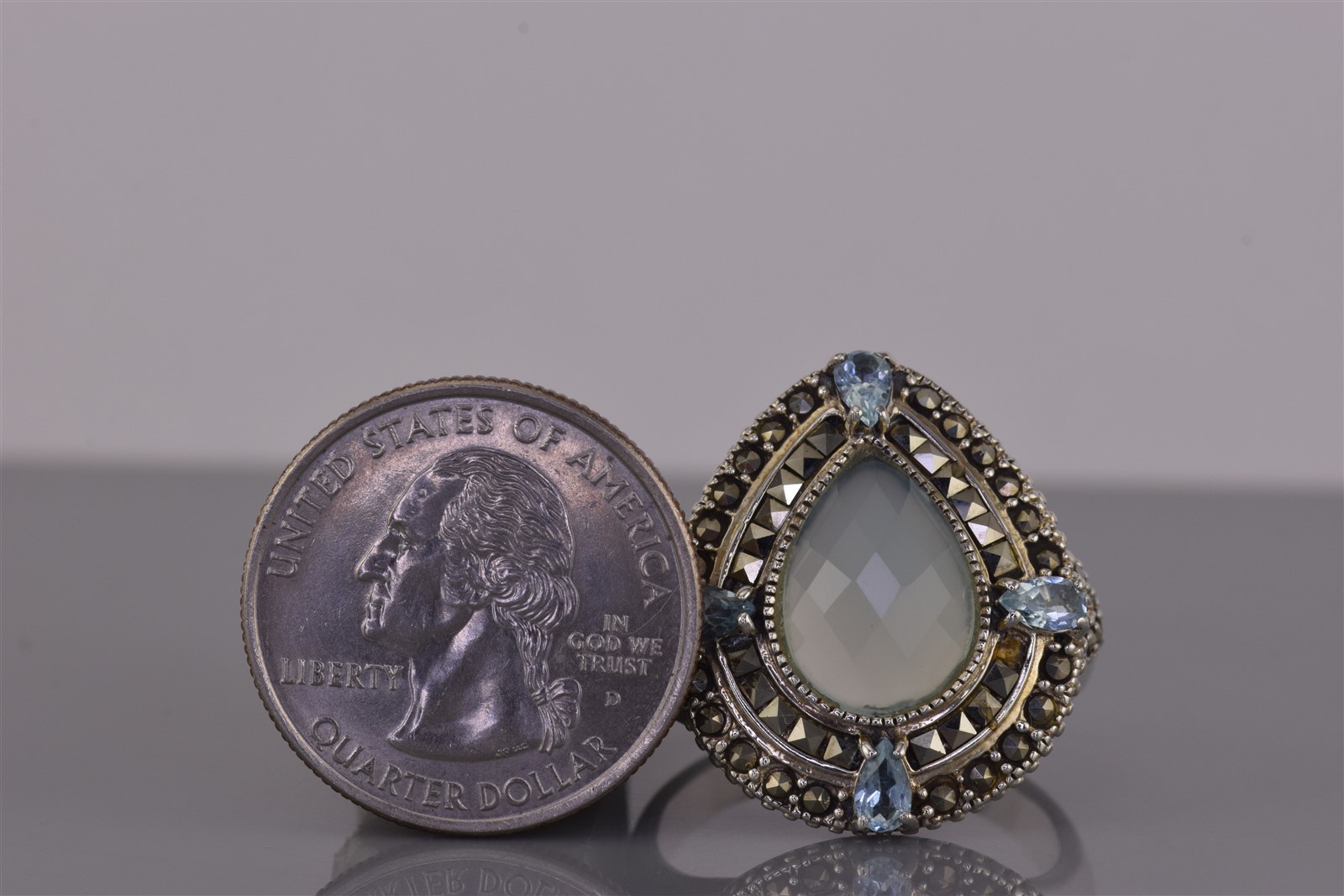 Sterling Silver 26mm Faceted Moonstone Topaz Marcasite Band Ring 12g 925 Sz: 12
