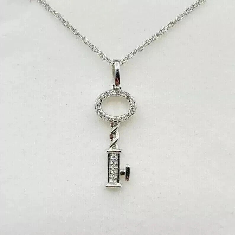 1 Ct Round Cut Simulated Diamond Women Key Shape Pendant 14k White Gold Plated