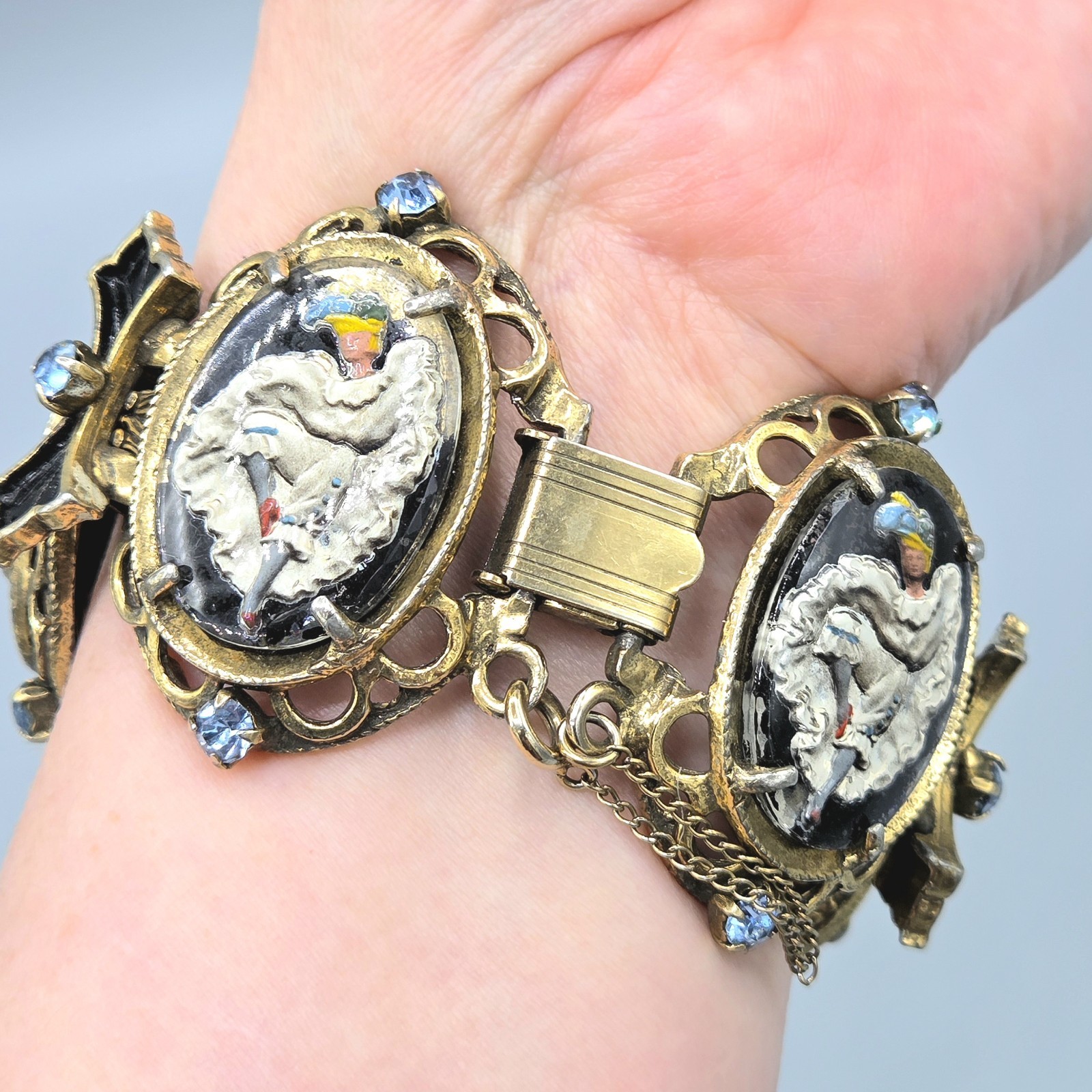 Vintage Can-Can Dancer Intaglio Reverse Paint Glass Panel Link Bracelet Earrings