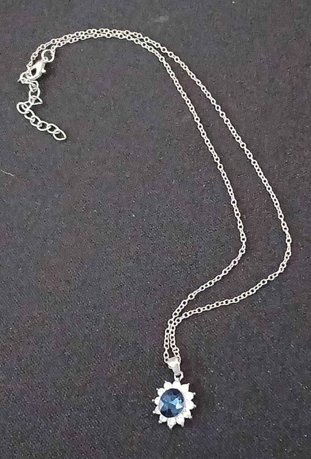 Silver Tone Round Charm Pendant Cable Chain Necklace w/ Blue Crystal