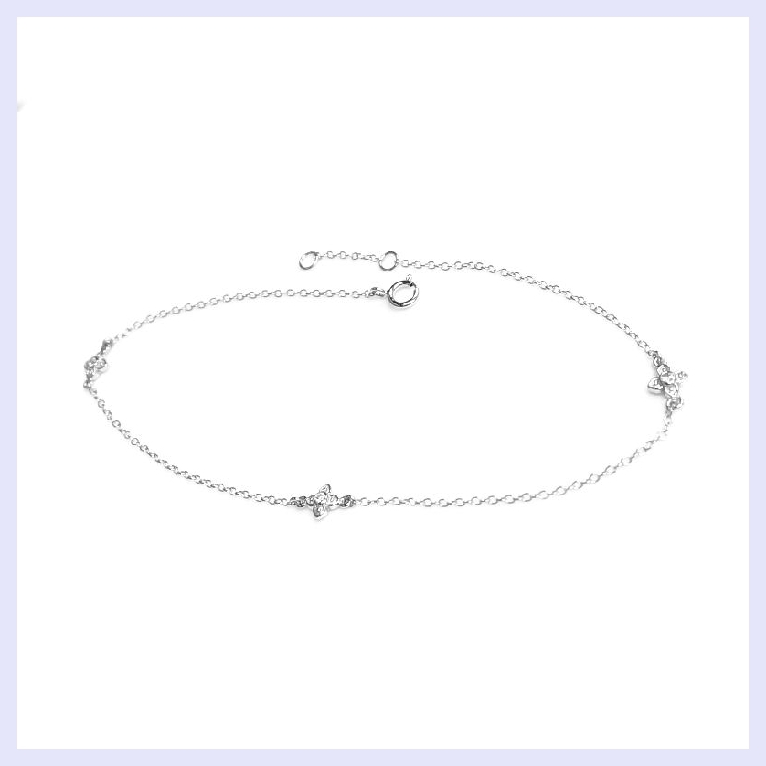 Sterling Silver Flower Clear CZ Link Rolo Cable Chain Anklet w/ Extender 9″