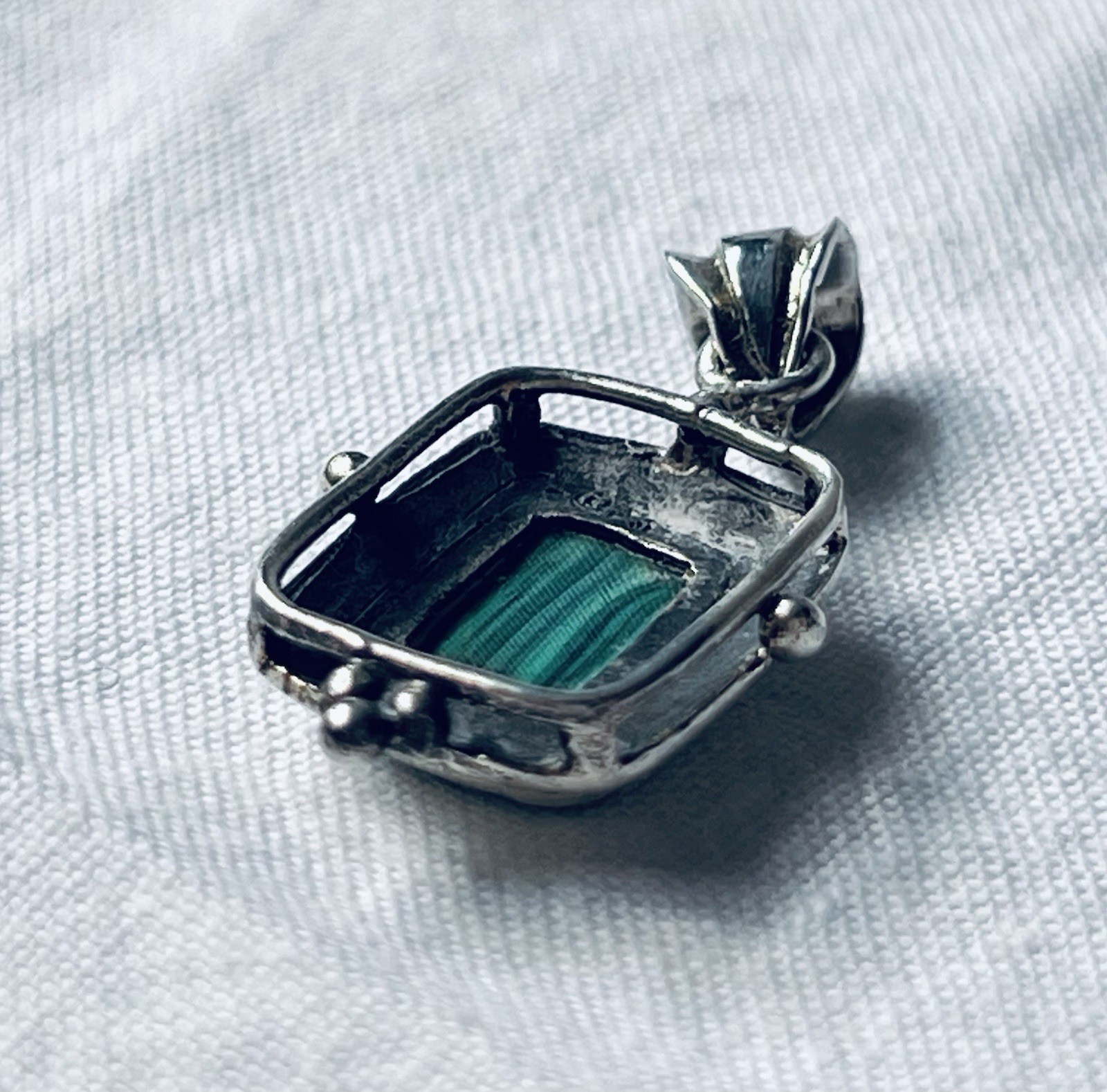 Small Silver-tone Pendant with Green Stone (Possibly Malachite?)
