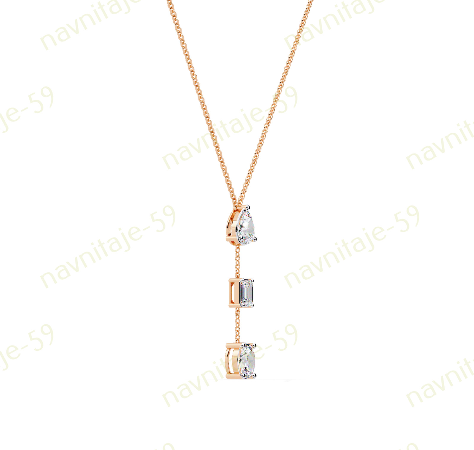 Dangle Three Stone Y Necklace For Wife 14K Rose Gold Plated Simulated Diamond