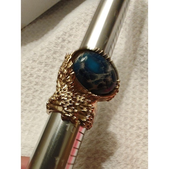 Ring Blue Cabochon Gold Tone Textured Statement Arty Style Celebrity Favorite