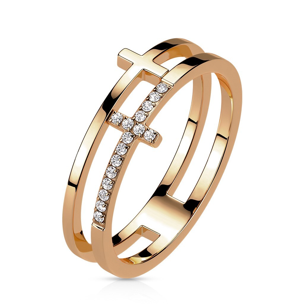 Stainless Steel Split CZ Cross Ring Choose Silver, Gold/Rose Gold Plated
