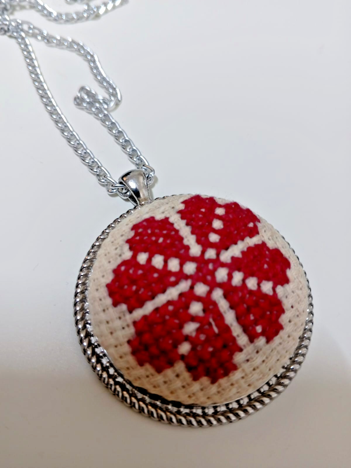 Handmade Cross Stitch Aida Fabric Pendant Necklace Stainless Steel Chain