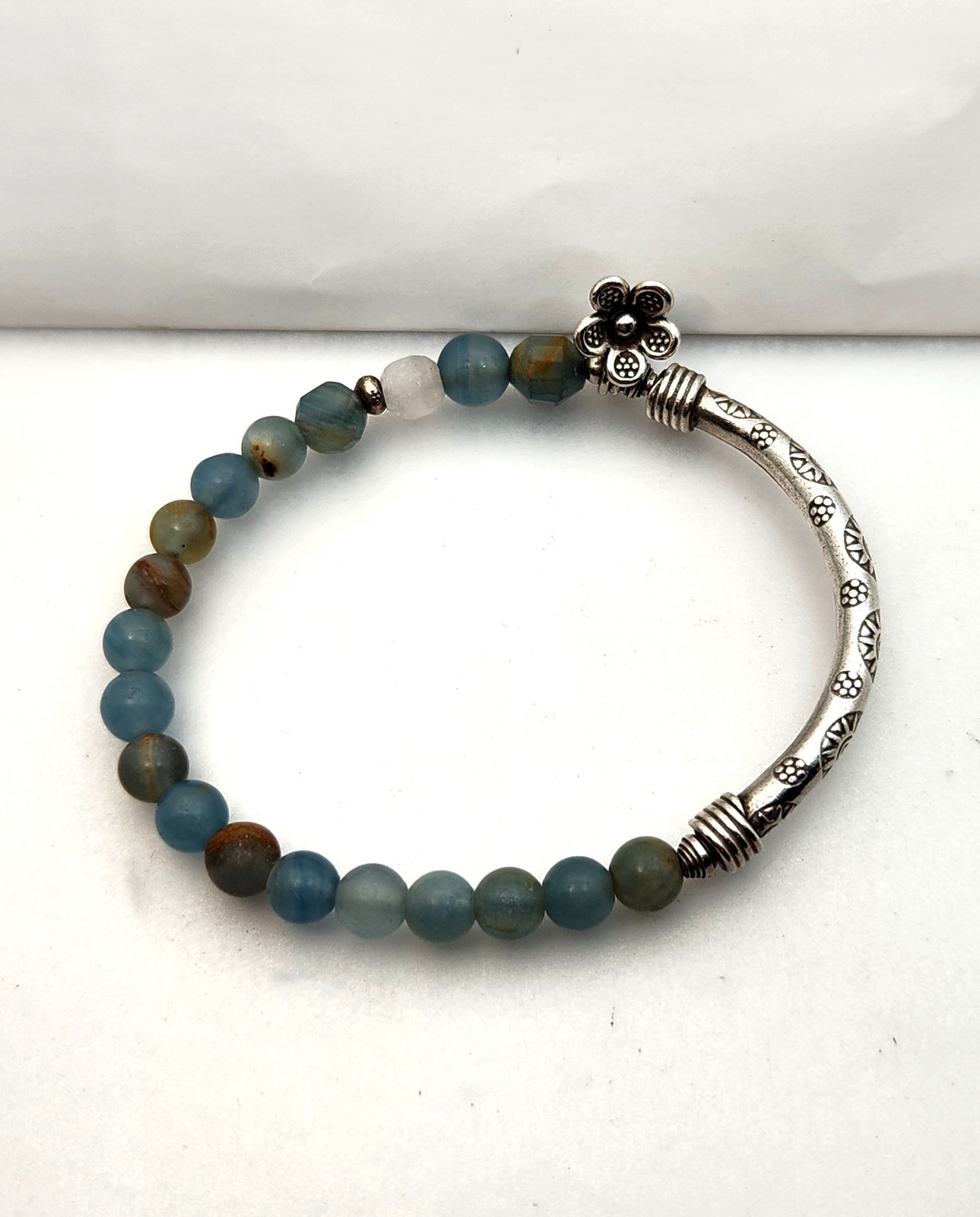 Sterling Silver Bar Stone Bead Bracelet Blue Brown Bangle Stretch Flower Sun 925