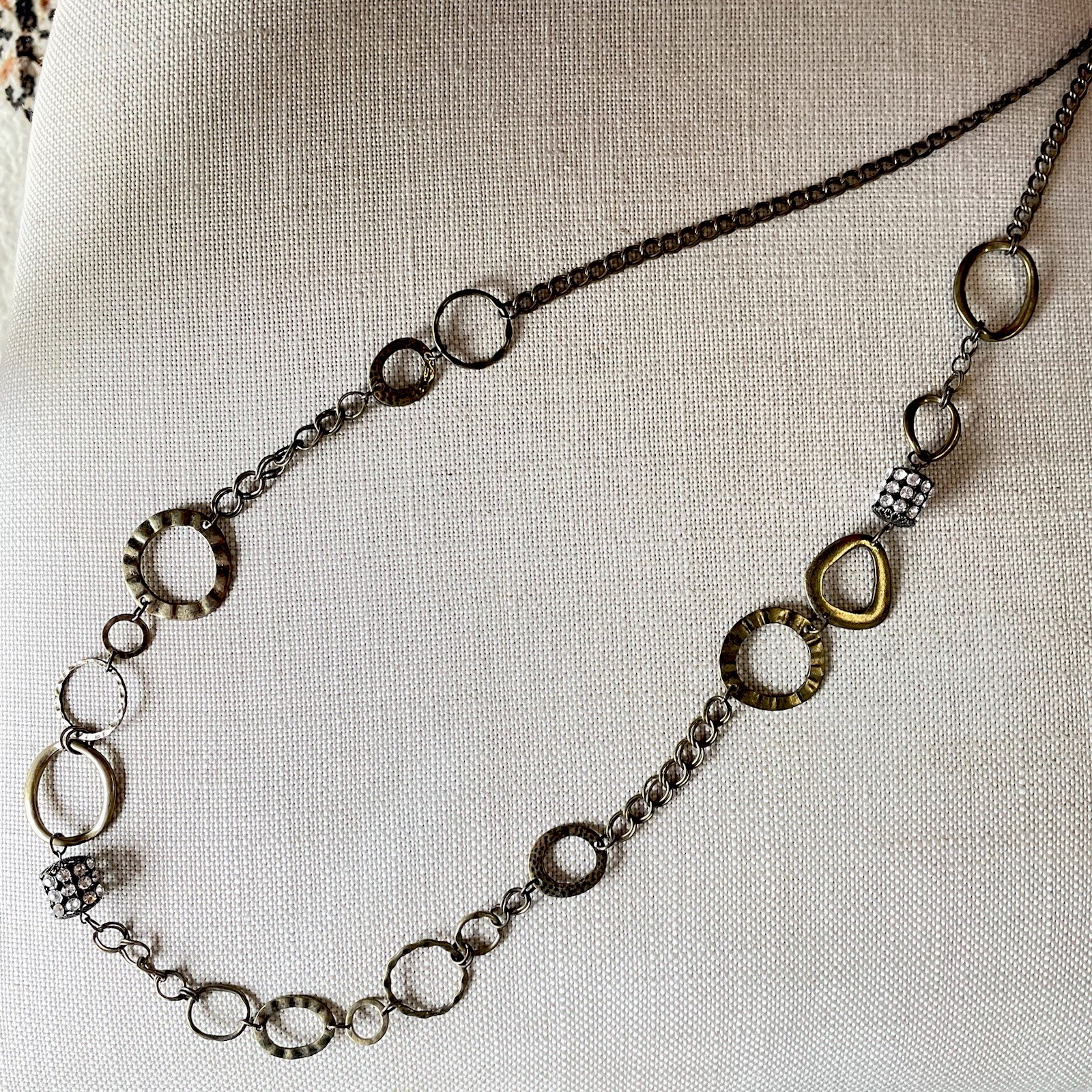 Lia Sophia IMPROV Mixed Metal Long Circle Link Chain Necklace Rhinestone 43″