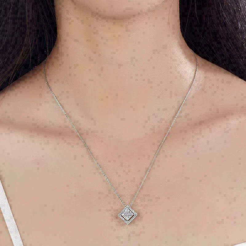 2.00Ct Princess Cut Simulated Diamond Halo Pendant Chain 14k White Gold Plated