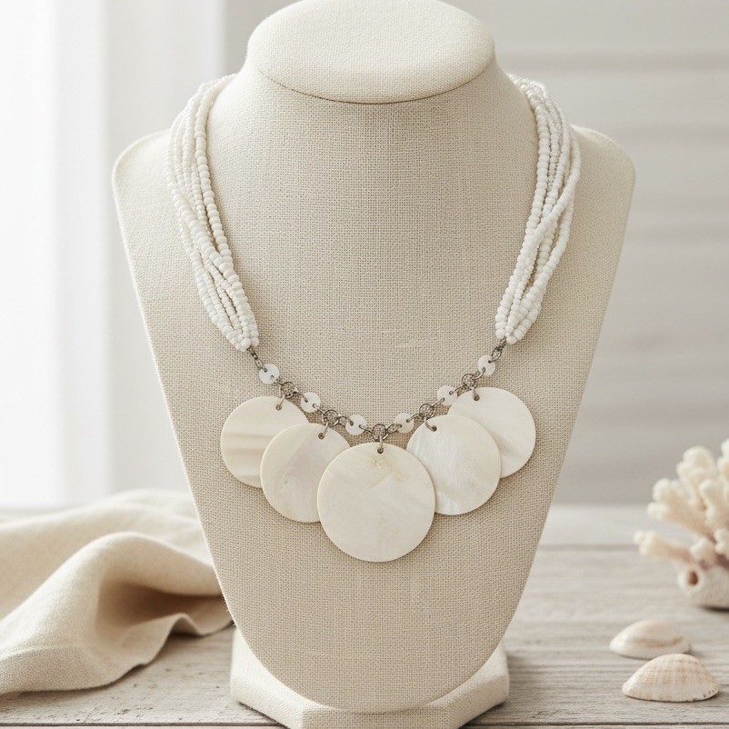 White Glass Beaded Mother of Pearl Disc Statement Necklace 18-20” Silver