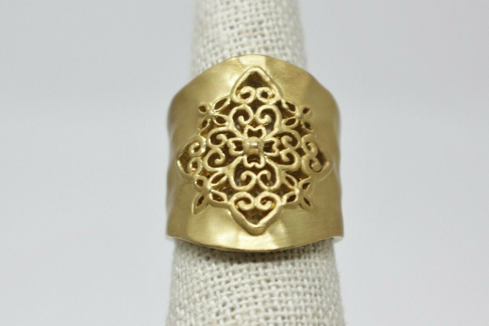 ATI RING Goldtone Filigree Pierced Hammered Size 8 Statement Thailand