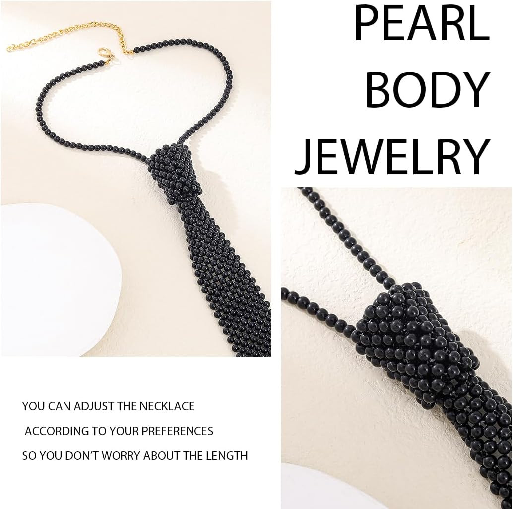 Long Pearl Necklace Pearls Neck Tie Black Pearl Necktie Pearl Body Jewelry for W
