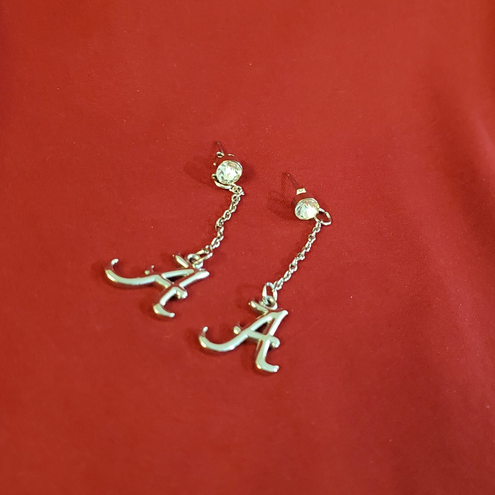 Alabama Crimson Tide Silver Colored Letter A Dangle Earrings with Gemstone!