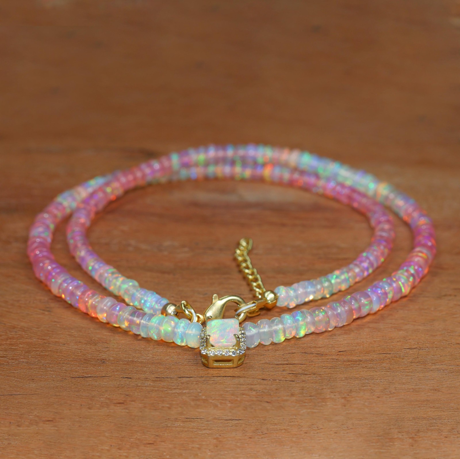 Shaded Pink Opal Smooth Beads Charm Necklace, Multifire Octagon Opal Charm