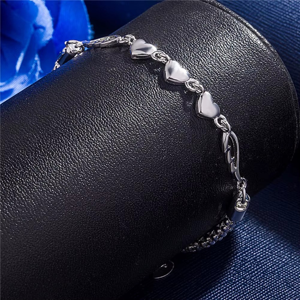 925 Sterling Silver Heart Charm Bracelet Women Beads Chain Love Jewelry 20cm