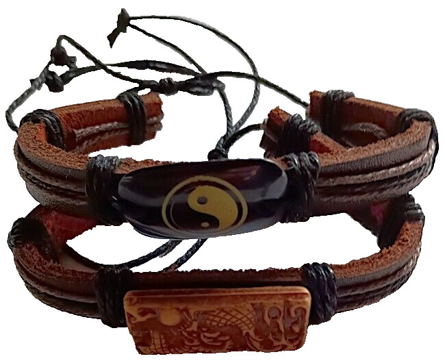 Tie Bracelets, 2 Pcs, Asst – Leather Band, Cotton Cord, Cool Beads, 6.5″ and Up