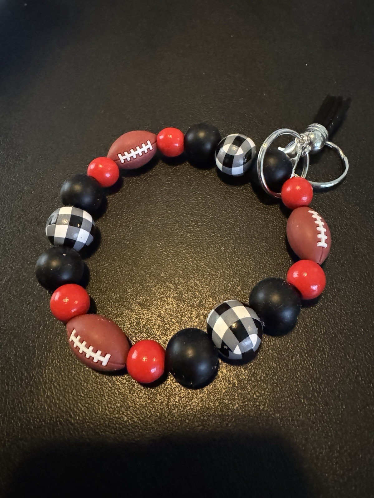 Handmade Football Red Black & White Beaded Keyring w/ Tassel