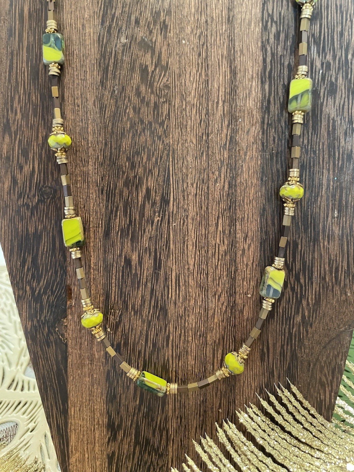 Green Czech Glass Beaded Necklace w/ Brown Metallic Seed Beads Handmade Boho