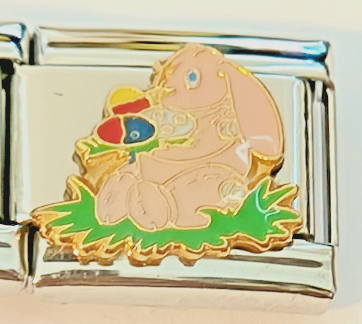 Pink Bunny Easter Italian Charms 9mm Enamel & 18K Gold Trim Casa D’ Oro NEW