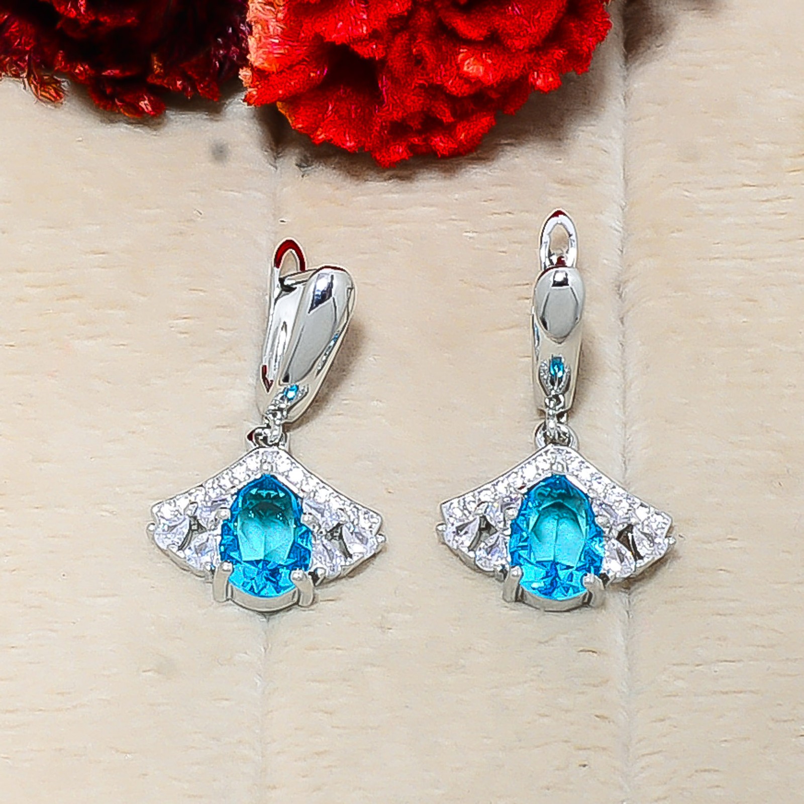 Blue Topaz & Cz 925 Sterling Silver Earring 1.10″ E14568