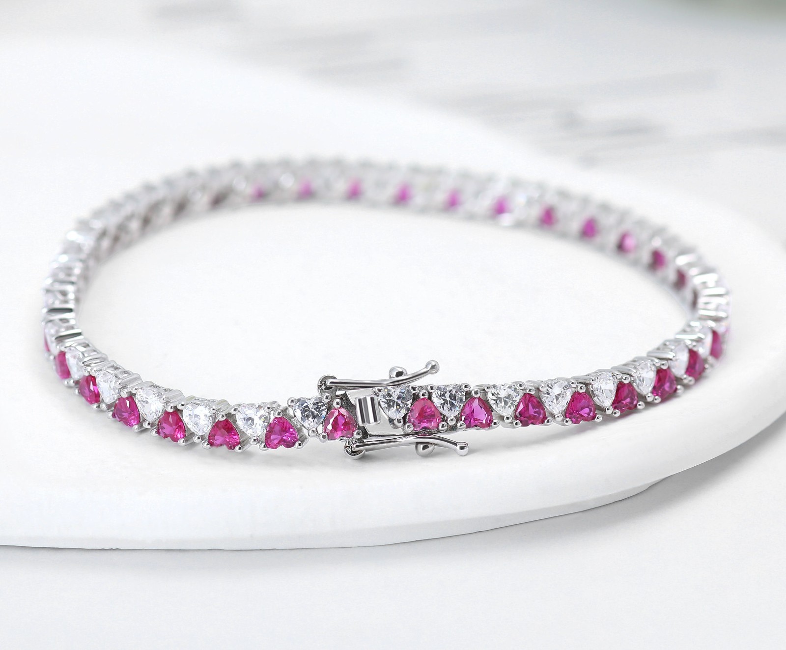 925 Silver Pink Ruby & Moissanite Clear Heart Crystal Tennis Bracelet Women Gift
