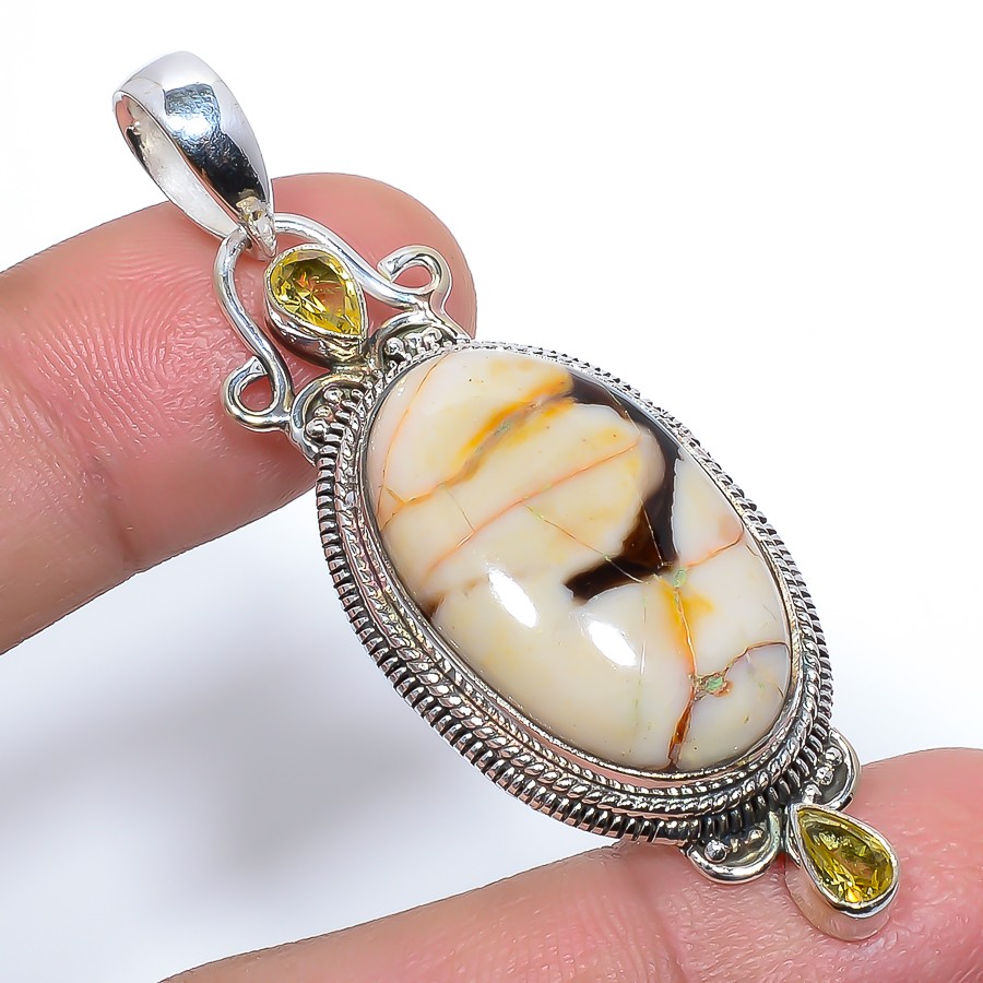 Petrified Peanut Wood Jasper & Citrine 925 Silver Plated Bali Pendant 2.26″ T7