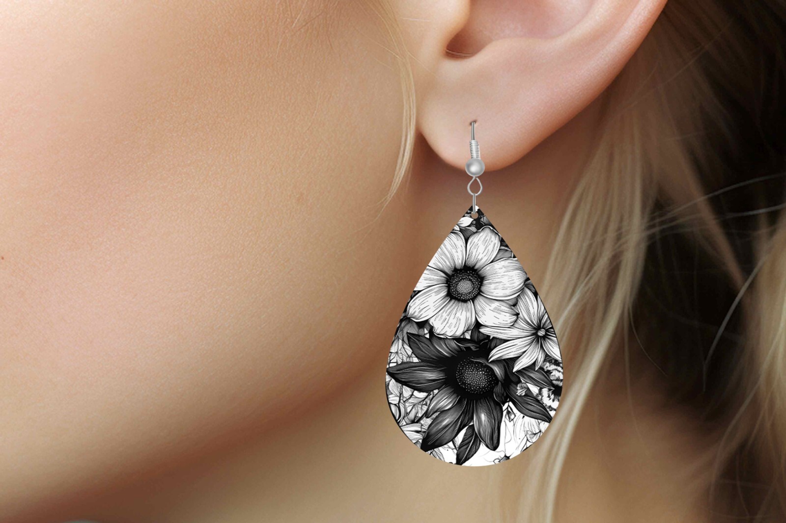 Black and White Floral Print Wood Dangle Teardrop Print Earrings Jewelry