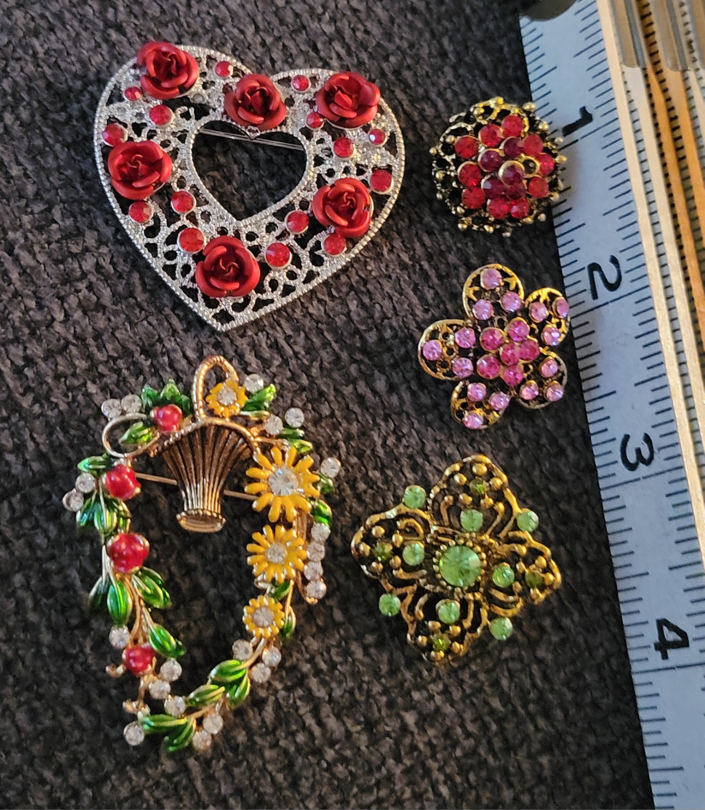 Multicolor Rhinestone Flower Heart Brooch Lot All Occasion Jewelry Lot CA E207