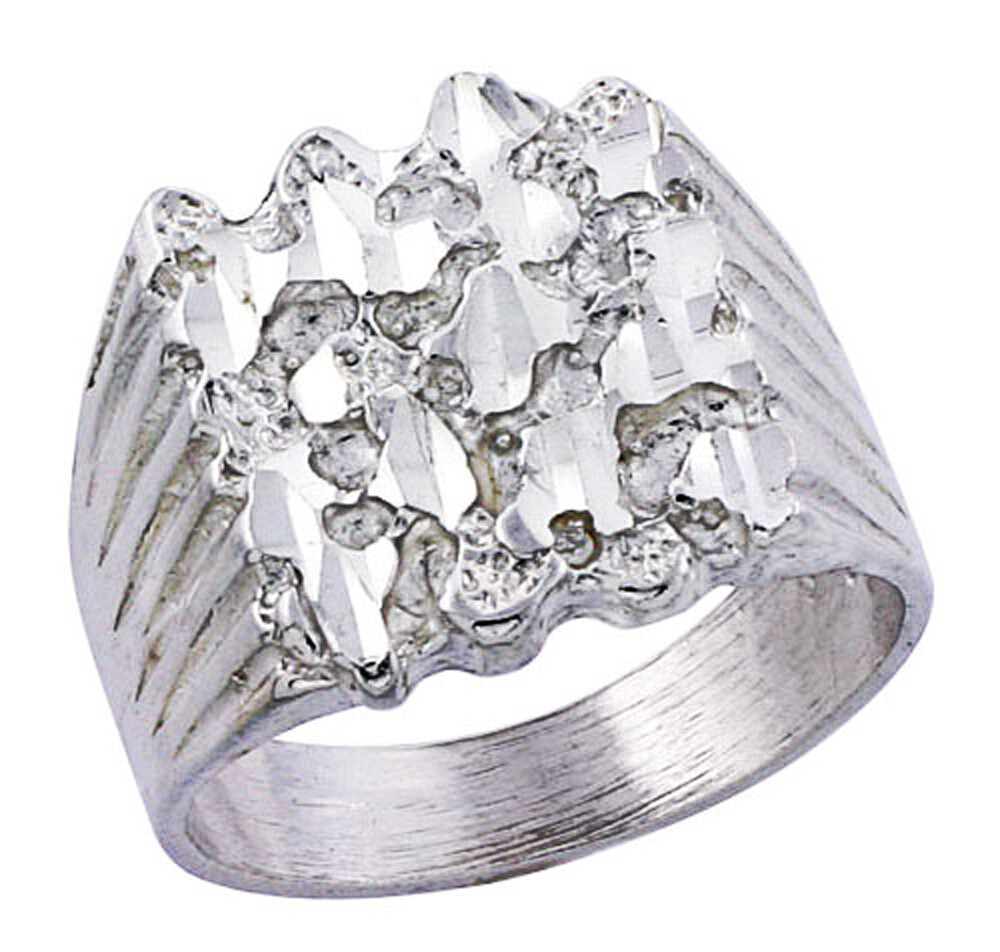 Men Women Sterling Silver Rhodium Plated Machine Cut Band Nugget Ring 16mm