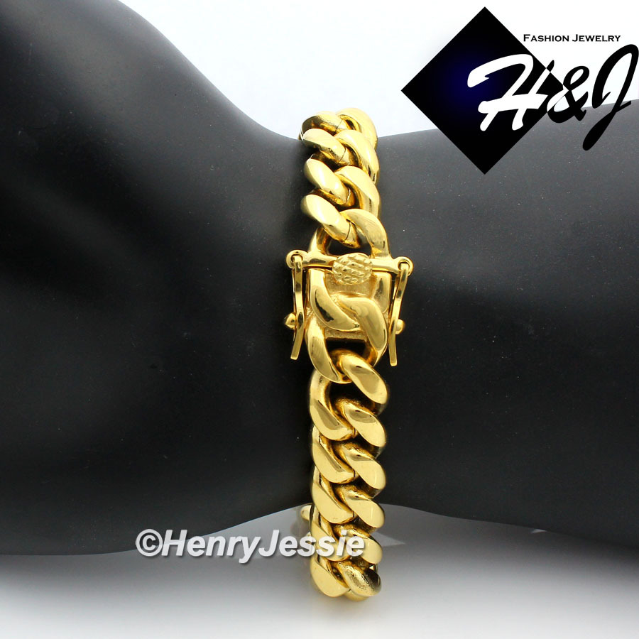 8.5″MEN Stainless Steel 12mm Gold Plated Miami Cuban Curb Chain Bracelet*B154