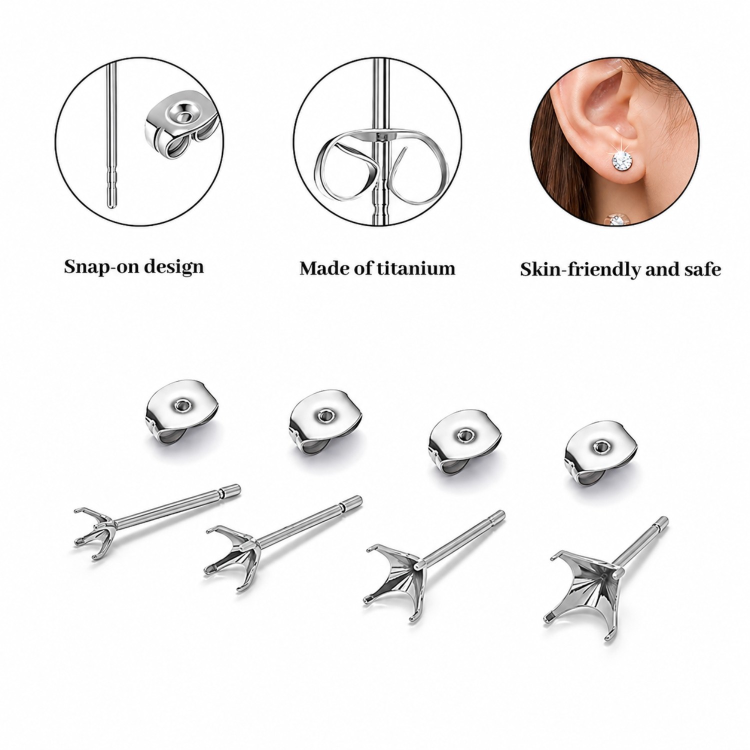6 Pairs CZ Stud Earrings Set Hypoallergenic Stainless Steel Earrings(3-8mm)