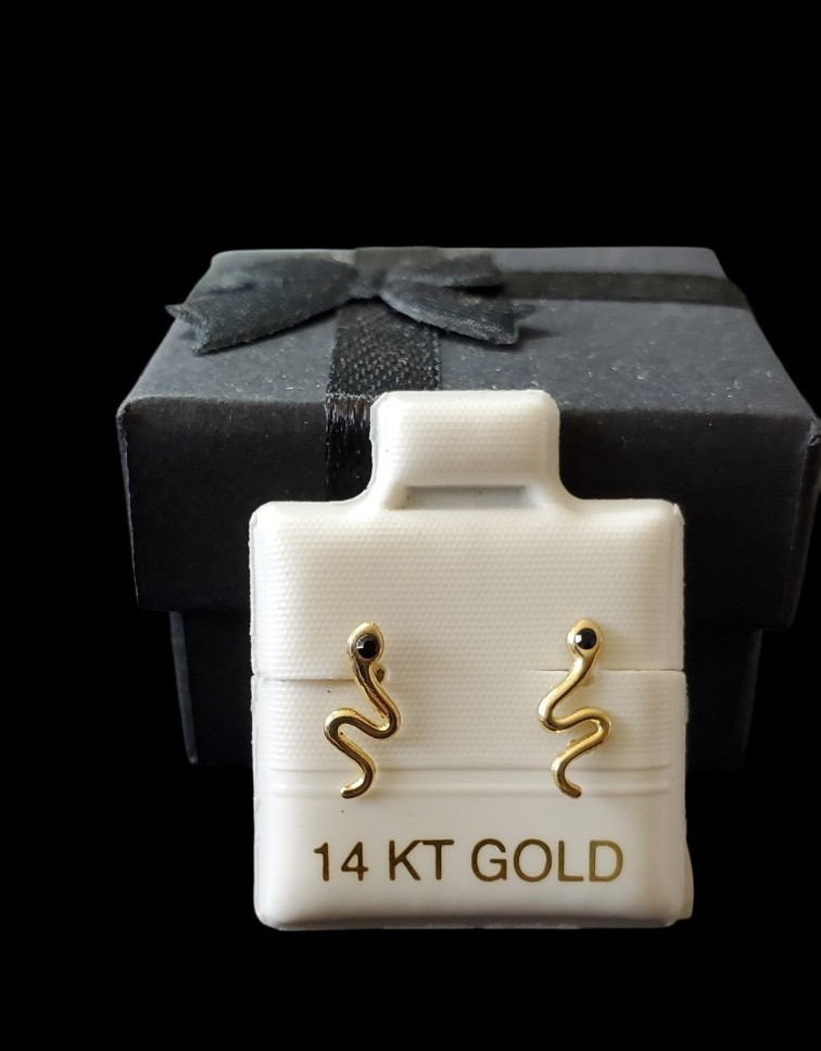 14K Solid Gold Dainty Snake Stud Earrings W/ Black CZ Eye Design 8.0mm ~ New