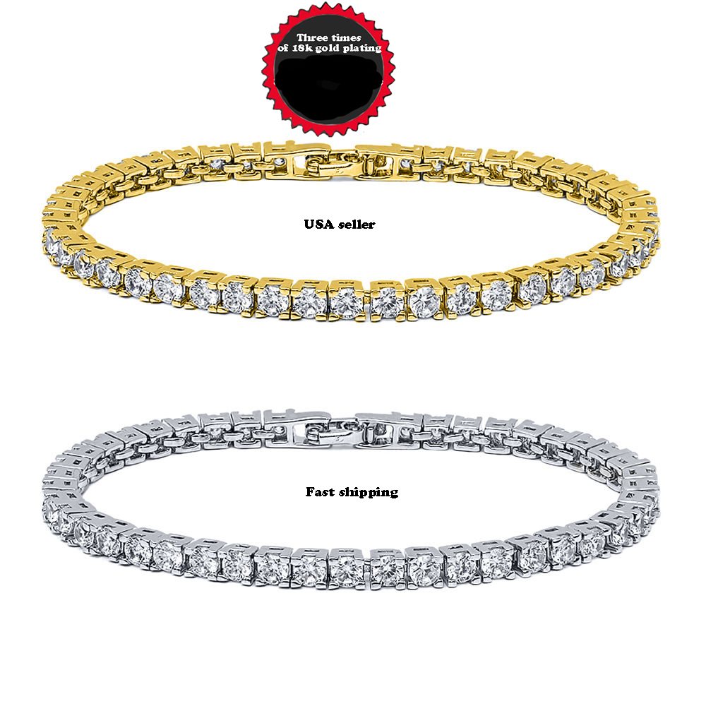 Tennis Bracelet 4mm White or Yellow Gold Plated Cubic Zircon Crystal
