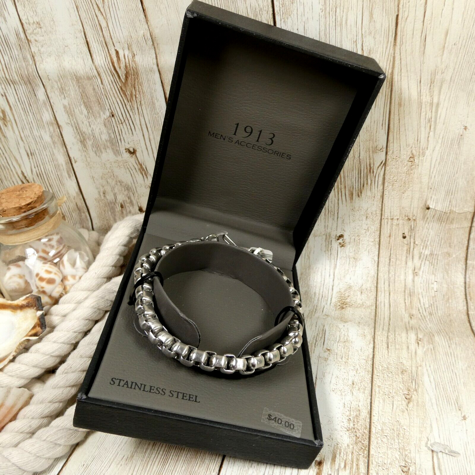1913 Kohl’s Men’s 8.0″ Stainless Steel Rolo & 7.5″ Black Leather Bracelets NWT