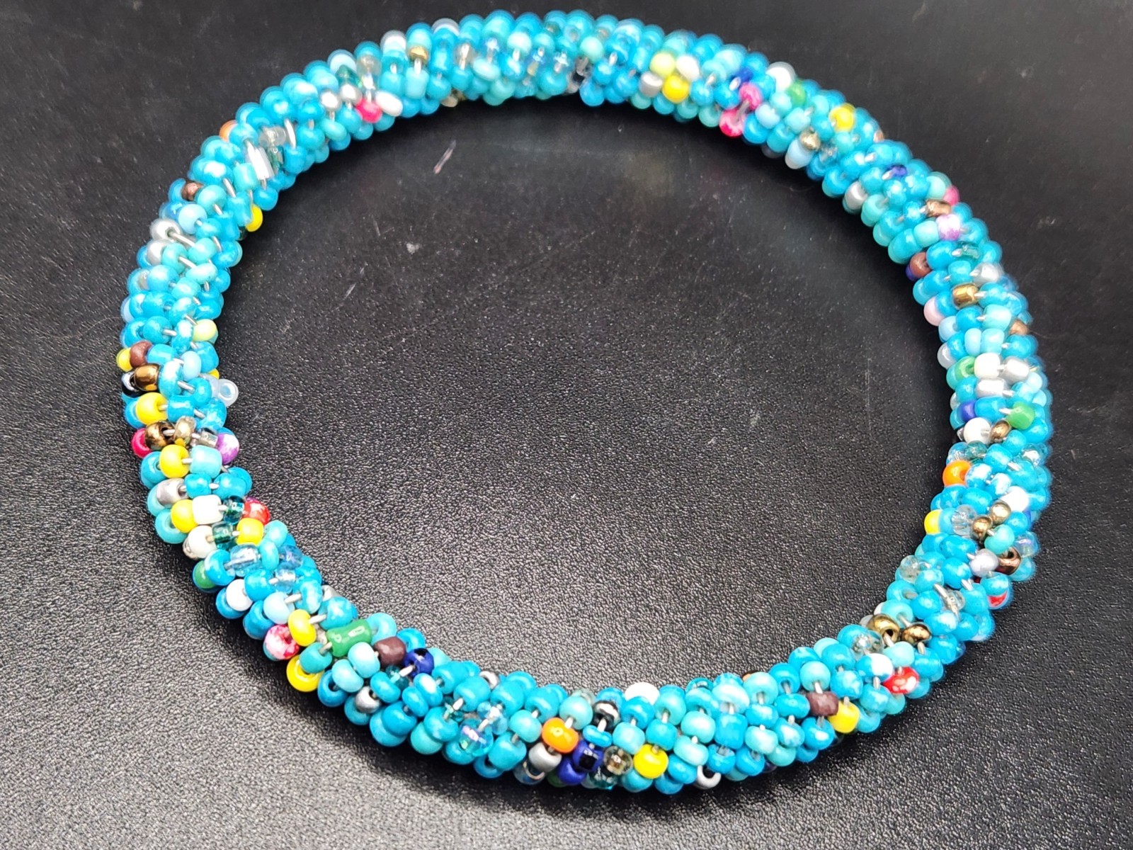 #0358 – Turquoise Blue Multicolor Seed Bead Bangle Bracelet Size 7.5 Boho…