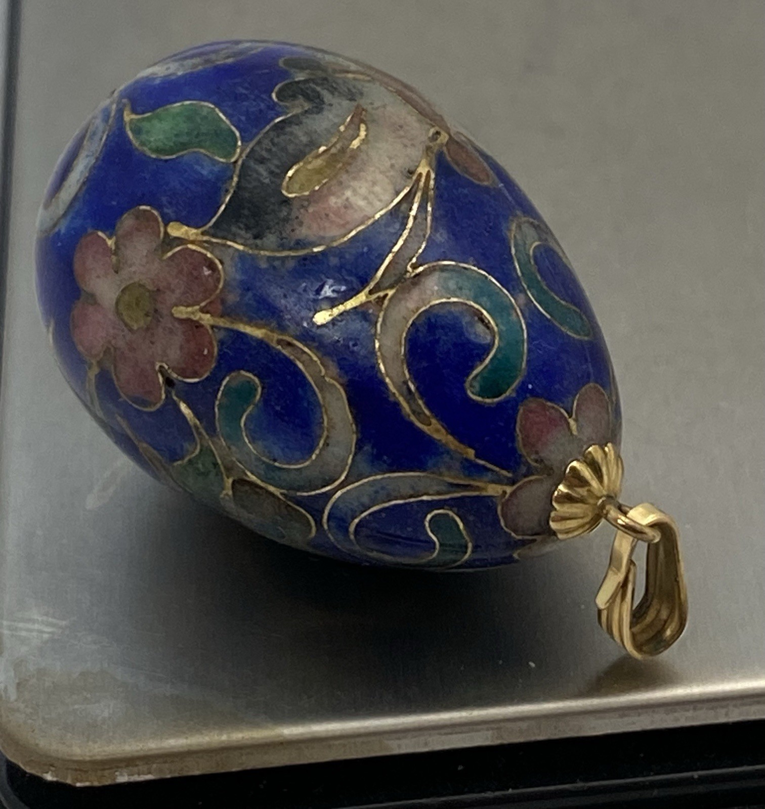 Pendant Cloisonne Egg Shape Blue w/ Butterfly Gold Color Bail 1 1/4″