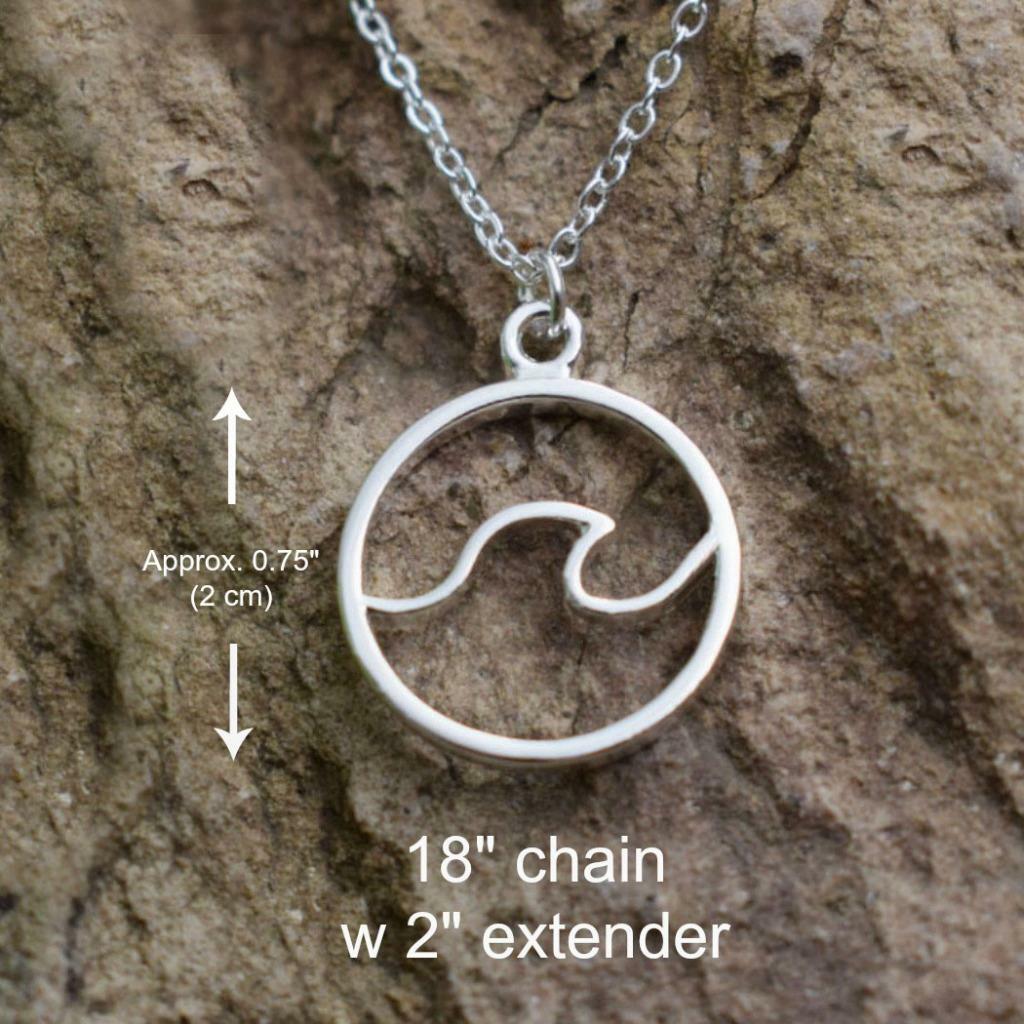 WAVE NECKLACE 0.75″ Round Pendant 18″ Chain Beach Ocean Surf Outdoor Adventure