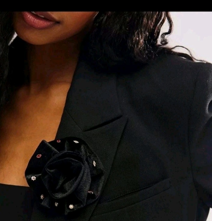 Free People Black Rosette Stud Earrings Set. Brooch Pin Velvet Boho Flower. NWT