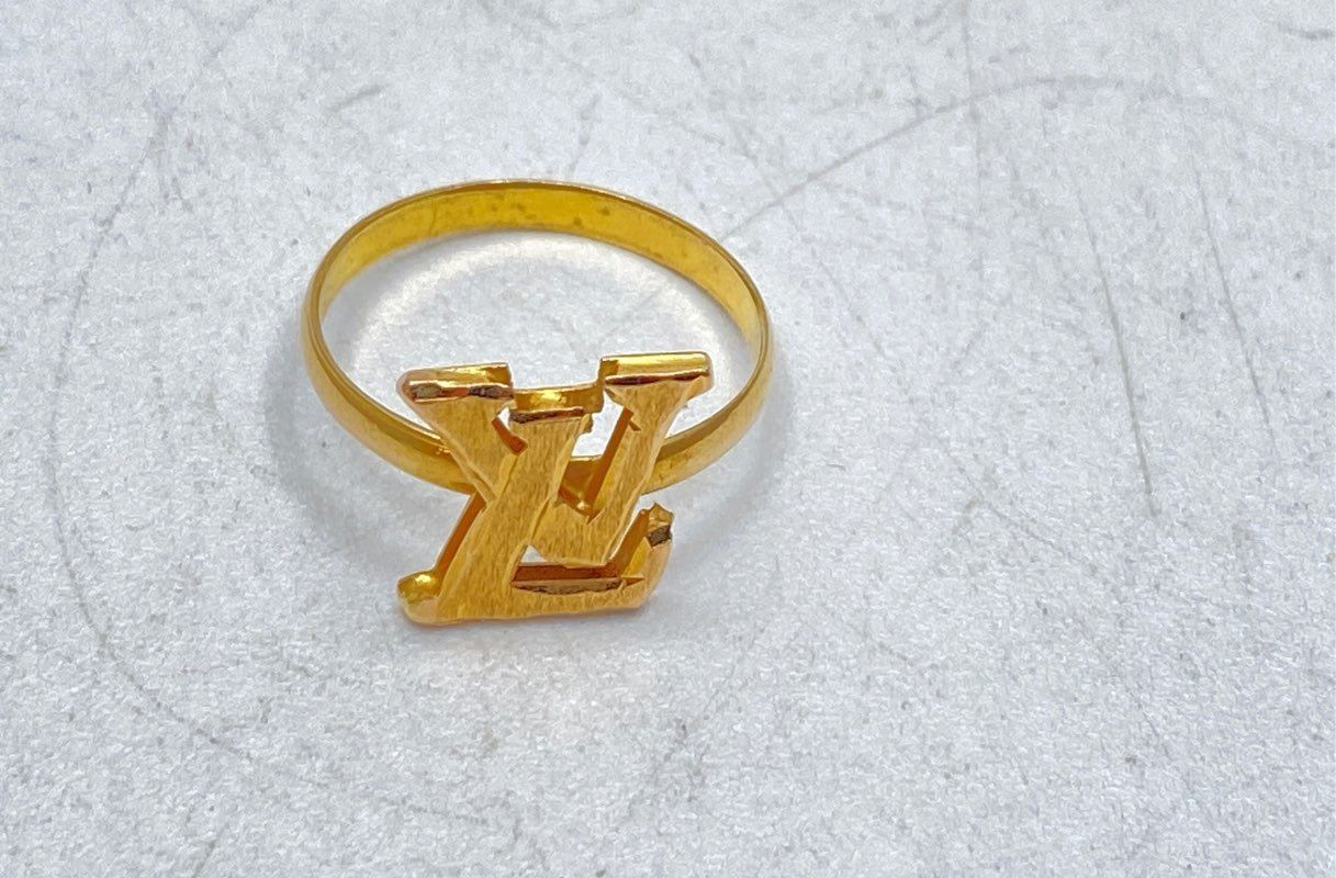 Designer Inspired LV Logo Motif Gold Tone Ring Size 6.5